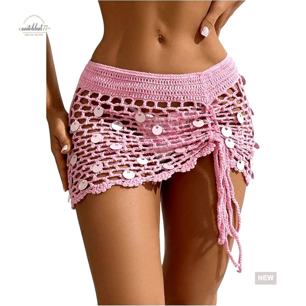 Crochet Sequin Hollow Out Mini Skirt Swimsuit Cover Up Beachwear